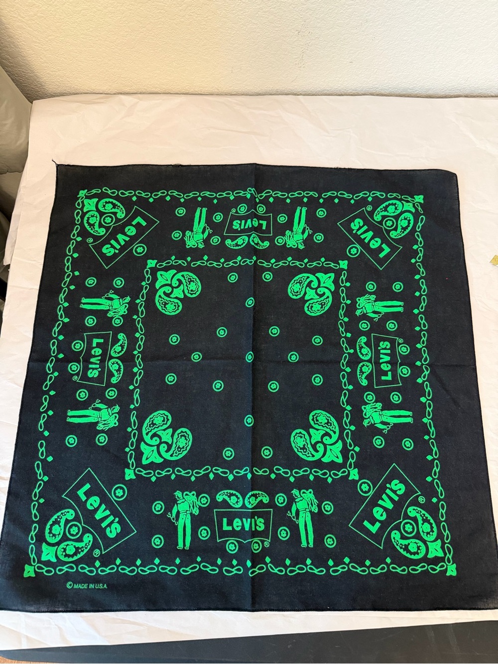 Vintage 70’s Levi's Black Bandana Scarf with Neon Green Print